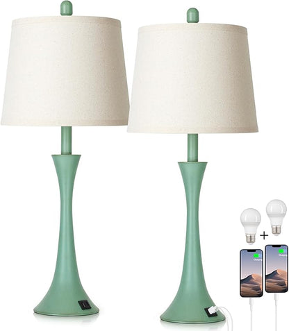 Coastal Modern Green Table Lamps Set of 2 for Living Room, 27.5" Tall Bedside Lamp with USB Charging Port,3-Way Dimmable Touch Nightstand Lamp for Bedroom Desk Side Table Office,Green