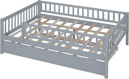 Bellemave Full Size Bed Frames with Rails for Kids, Full daybed Frame with Trundle for Boys/Girls/Adults， Gray