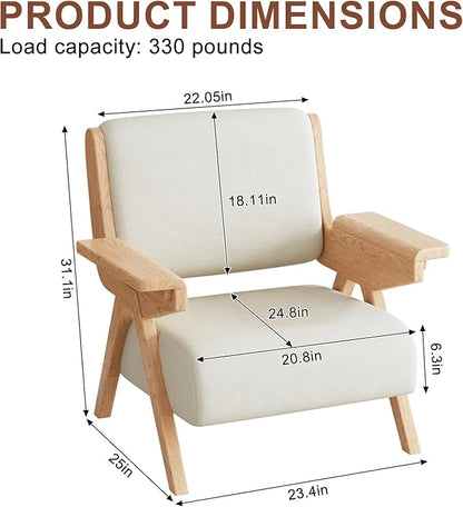 Accent Chair Mid Century Modern Chair, Velvet Upholstered Lounge Arm Chair with Solid Wood, Cozy Reading Chair for Living Room, Bedroom, Balcony(White)