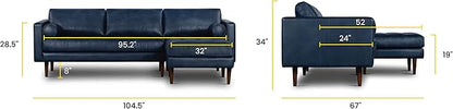 Poly & BARK Napa Right-Facing Sectional Sofa – 104.5” Italian Leather Sectional with Chaise – Midnight Blue – Full-Grain Pure-Aniline & Semi-Aniline Upholstery