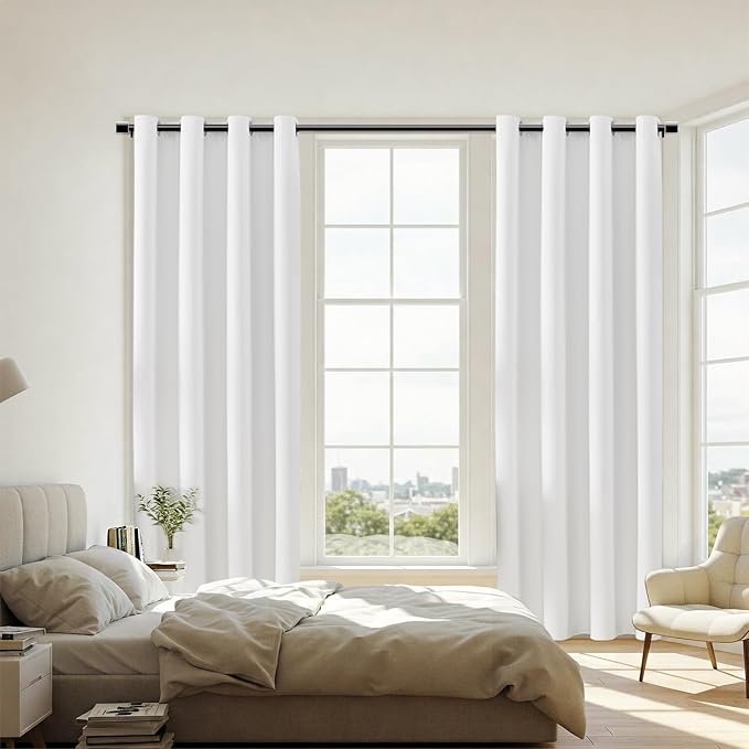 ChrisDowa 100% Blackout Pure White Solid Curtains 54 Inches Long 2 Panels for Bedroom Living Room,Farmhouse Room Darkening Thermal Insulated Soundproof Grommet Top Window Treatment Drapes,52x54