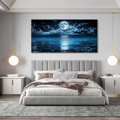 Huaaliunn Big Moon Canvas Wall Art - Modern Seascape Paintings for Living Room, Bedroom Wall Decor, Large Wall Art for Home or Office Decoration 75x150cm(30x60in)