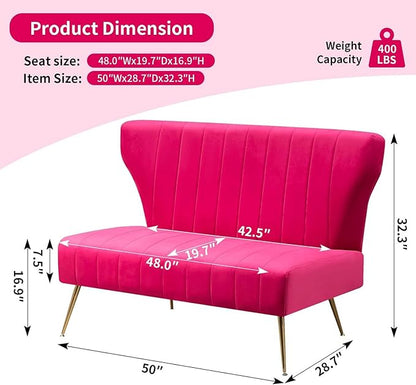50’’ Armless Loveseat Sofa, Comfy Upholstered Velet Small Couch Sofa with Gold Legs, 2 Seater Tufted Modern Couch for Living Room, Bedroom, Apartment Small Space (Fuchsia)