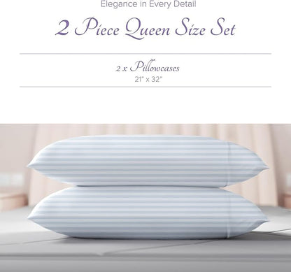 Carressa Linen 100% Egyptian Cotton Pillow Cases Queen Size Set of 2 - Luxury 600 Thread Count Stripe Light Blue Standard/Queen Size Pillowcases, Soft, Cooling Hotel Quality Damask Pillow Cover