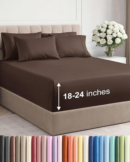 Extra Deep Queen Sheet Set - 6 Piece Breathable and Cooling Sheets - Hotel Luxury Bed Sheets Set - Easy & Secure Fit - Soft, Wrinkle Free and Comfy Sheets Set - Brown Sheet Set with Extra Deep Pockets