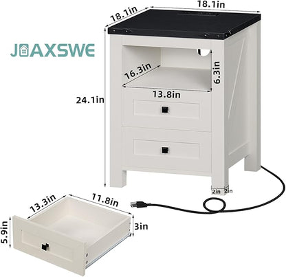 Joaxswe Nightstand with Charging Station and USB Port, Farmhouse Side End Table with 2 Drawers and Open Shelf, Wood Rustic Sofa Table, Bedside Cabinet for Bedroom, Living Room, Closet, Office (White)