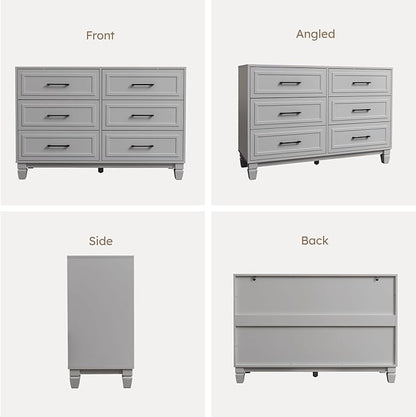 Farmhouse Dresser for Bedroom, 6 Drawer Dresser with Unique Solid Wood Legs, Modern Wide Chest Dressers for Clothes, Closet, Living Room, Grey