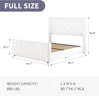 BarnFurin Full Size Bed Frame, Velvet Upholstered Platform Bed with Geometric Tufted Headboard & Footboard, Wingback Design, Mattress Foundation with Wooden Slats, Cream White