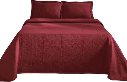 Superior 100% Cotton Basket Weave Bedspread with Shams, All-Season Premium Cotton Matelasse Jacquard Bedding, Quilted-Look Geometric Basket, Queen, Garnet