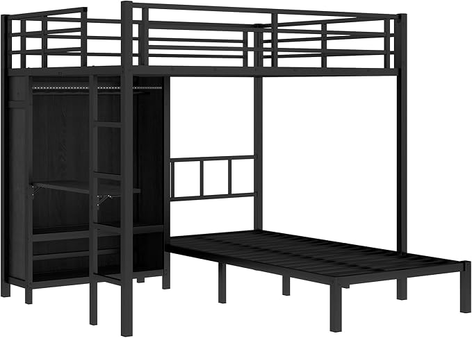 Full XL Over Twin Metal Bunk Bed with Folding Desk, Closet with LED,Space-Saving/Noise Reduced, Black