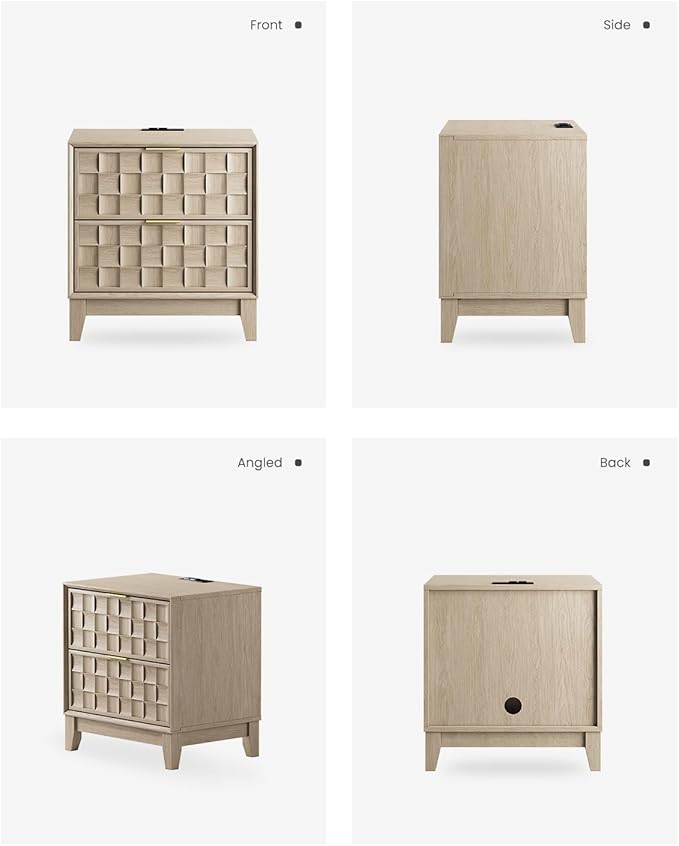 COLAMY Nightstand with Charging Station, 22" Modern Bed Side Table with 2 Storage Drawers and Chessboard Relieffor Bedroom, Dorm and Small Spaces - Oak