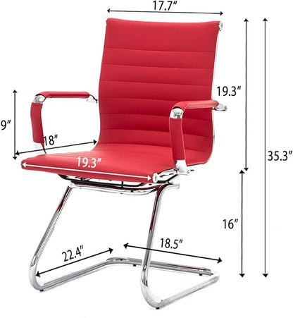 Wahson Office Guest Chairs Set of 2, Leather Reception Chairs, Mid Back Waiting Room Chair, Conference Chairs with Sled Base, Desk Chair No Wheels for Meeting/Lobby/Restroom, Dark Red