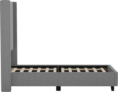 EMMA + OLIVER Nora Twin Size Faux Linen Upholstered Platform Bed with Plush Padded Wingback Headboard (No Box Spring Needed), Modern Upholstered Headboard Twin Bed Frame, Gray