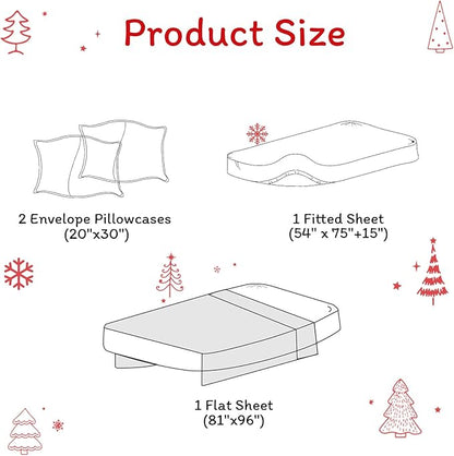 JSD Red Christmas Tree Kids Sheet Set Full Size, 4 Piece Soft Printed Microfiber Sheets Deep Pocket