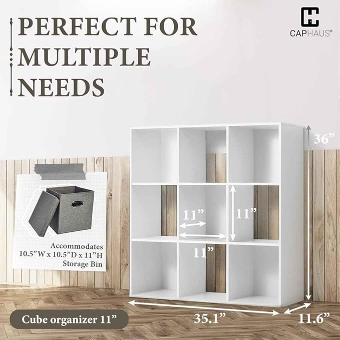 CAPHAUS Sturdy Room 11-Inch Cube Storage Organizer Shelf, with Thick Exterior Edge, Storage Shelf Divider w/Back, Bookcase, 9-Cube, White