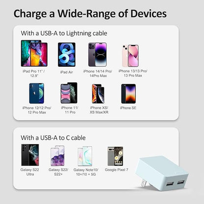 Nekmit Flat USB Wall Charger, Dual Port Slim USB Wall Charger with Smart IC for iPhone 14/14 Pro/14 Pro Max/13/13 Pro/13 Pro Max/12/12 mini/12 Pro, Galaxy, Pixel, iPad Pro, AirPods and More, Blue