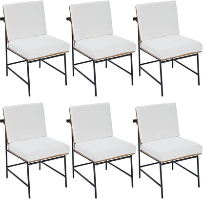 Modern Dining Chairs Set of 6, Comfy Sherpa Fabric Armless Upholstered Side Chairs with Wooden Backrest Black Metal Legs for Dining Room Living Room, White