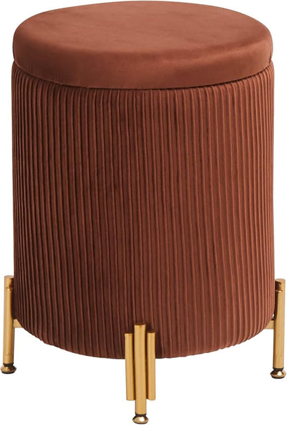 Mxfurhawa Round Ottoman Foot Stool with Storage and Metal Legs for Living Room Bedroom, Velvet Upholstered Footrest Stool Support 300lbs Modern Padded Seat Ottoman Coffee Table (Caramel)