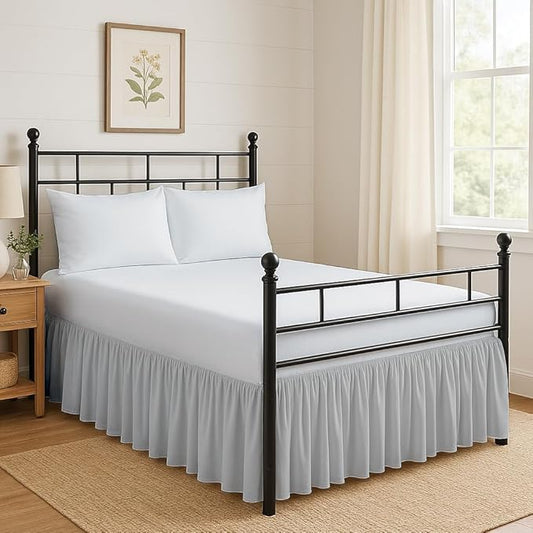 Ruffled Bed Skirt Split Corners with Platform, Tailored Fit Hotel Quality Wrinkle Free Ultra-Soft Microfiber Dust Ruffle, Upto 16 Inch Drop, Queen, Light Grey