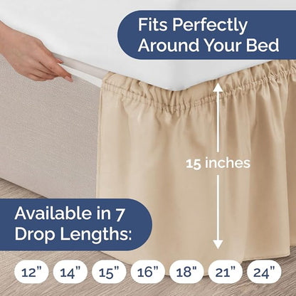 Wrap Around Dust Ruffle Bed Skirt - Cream - for Queen Size Beds with 15 in. Drop – Easy Fit Elastic Strap - Pleated Bedskirt with Brushed Fabric - Wrinkle Free, Machine Wash - by CGK Linens