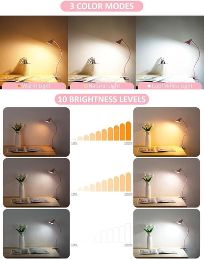 Clip on Light USB Reading Light, Eye Care Dimmable Reading Lamp Flexible Goose Neck Clip on Lamp for Bed Headboard Desk Bedside Dorm - Pink