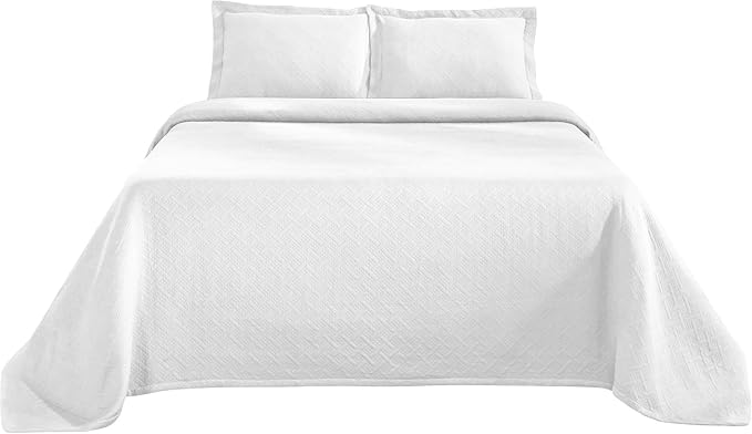 Superior 100% Cotton Basket Weave Bedspread with Shams, All-Season Premium Cotton Matelasse Jacquard Bedding, Quilted-Look Geometric Basket, King, White