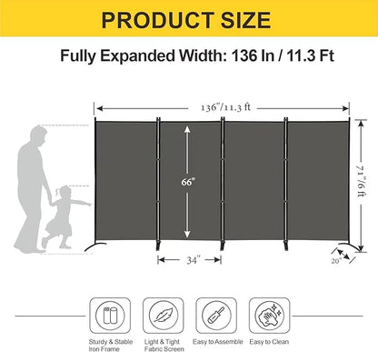 MAYOLIAH 4 Panel Privacy Screen Room Dividers 6FT Tall Portable Office Wall Divider for Rooms Separator 136" x20"x71", Grey