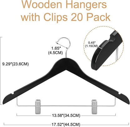 TOPIA HANGER Wooden Suit Hangers with Adjustable Metal Clips (20 Pack), Solid Wood Coat Hangers, 360° Swivel Hook, Premium Clothes Hangers for Jacket, Pant, Jeans, Blouse-Black, CT28B20