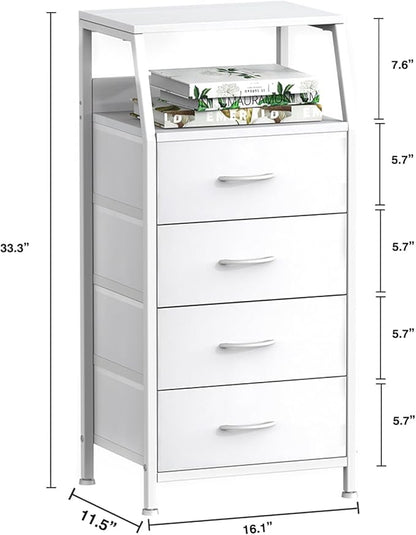 Dresser with 4 Drawers, Fabric Storage Tower for Bedroom, White Clothes Storage Drawers, Vertical Closet Organizer for Kids Room, Entryway, Nightstand Bedside Table, Sturdy Steel Frame & Wooden Top