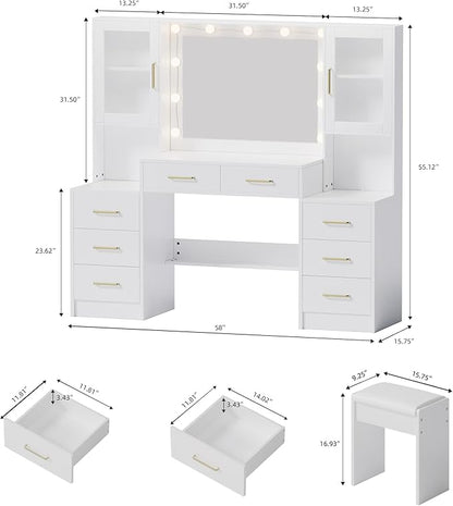 White Vanity Desk with Mirror, Lights & Charging Station, 58" 3 Lighting Modes Makeup Desk with 8 Drawers, 2 Cabinets and Lots Storage, Dressing Table Vanity Set with Lighted Mirror