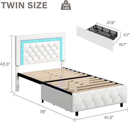 BarnFurin Twin Bed Frames with Storage Drawers and LED Lights, Upholstered Bed with Crystal Tufted Headboard, Princess Platform Bed with Wooden Slats Support, No Box Spring Needed, White
