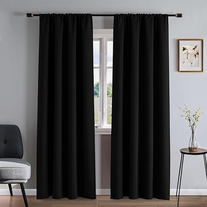 Blackout Curtains 96 Inches Long 2 Panels Set, Black Curtains Thermal Insulated Room Darkening Drapes for Bedroom, Rod Pocket Light Blocking Drapes Living Room Windows(52W × 96L, Black)