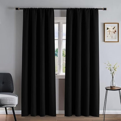 Blackout Curtains 108 Inches Long 2 Panels Set, Black Curtains Thermal Insulated Room Darkening Drapes for Bedroom, Rod Pocket Light Blocking Drapes Living Room Windows(52W × 108L, Black)