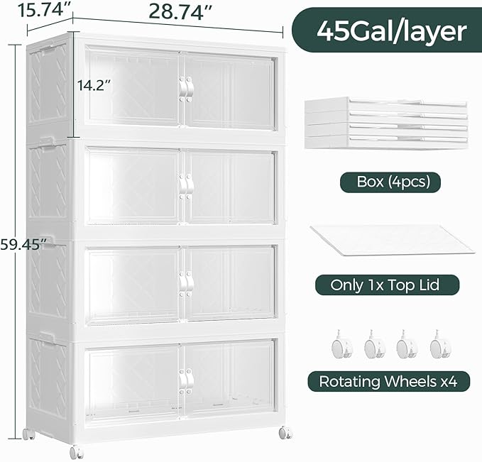 480QT Extra Large Stackable Storage Bins with Lid, 120Gal Collapsible Storage Box with Wheels and Doors, Plastic Closet Organizers and Storage Cabinet for Home Kitchen Office Dorm, 4Pack White