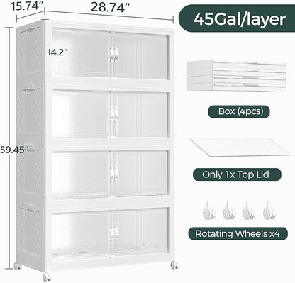 720QT Extra Large Stackable Storage Bins with Lid, 180Gal Collapsible Storage Box with Wheels and Doors, Plastic Closet Organizers and Storage Cabinet for Home Kitchen Office Dorm, 4Pack White