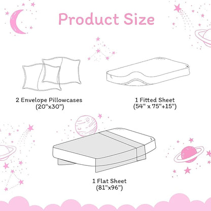 JSD Gradient Pink Moon Stars Kids Sheet Set Full Size, 4 Piece Space Theme Microfiber Sheets Deep Pocket
