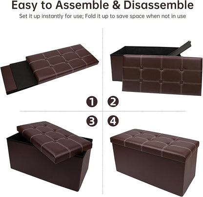 xupersodys 30 Inches Folding Storage Ottoman Bench, Faux Leather Footstool Ottoman, Storage Trunk Footrest for Bedroom, Living Room and Hallway, Support 350lbs, Brown (White line)