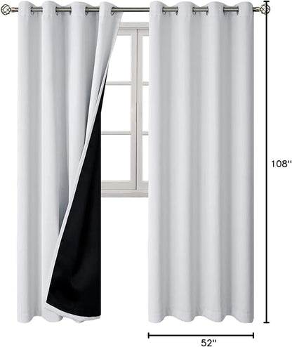 BGment Greyish White 100% Blackout Curtains 108 Inch Long 2 Panles Set, Thermal Insulated Total Light Locking Soundproof Grommet Curtains & Drapes for Living Room with Black Liner, 52 Inch Wide Each