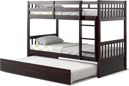 KOMFOTT Wood Twin Over Twin Bunk Bed with Trundle, Solid Pine Wood Bunk Bed Frame with Ladder & Safety Guardrails, Space-Saving Convertible Twin Bed Frame for Home & Dormitory, No Box Spring Needed