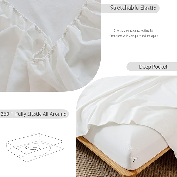 MooMee Fitted Bottom Sheet Only 100% Washed Cotton Linen Like Textured Breathable Durable Soft Comfy Deep Pocket Fits Mattress up to 17" (Off White, King)