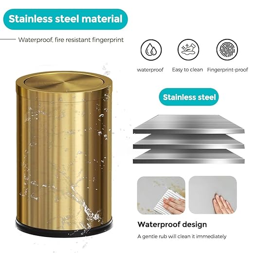 Stainless Steel Gold Bathroom Trash Can with Lid, 9L/2.4Gallon Garbage Can for Bedroom, Kitchen, Office, Living Room (Double Layer)