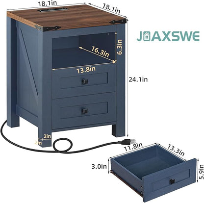 Joaxswe Nightstands Set of 2 with Charging Station, Farmhouse Night Stand with 2 Drawers and Shelf Storage, Wooden Side End Table, Bedside Cabinet for Bedroom, Living Room, Closet,Office (Blue) | with 2 Drawers, and Shelf Storage, Bedside Cabinet, for ...