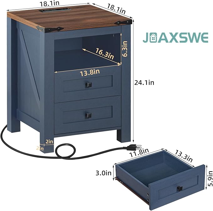 Joaxswe Nightstand with Charging Station, Farmhouse Night Stand with 2 Drawers and Shelf Storage, Blue Wooden Side End Table, Bedside Cabinet for Bedroom, Living Room, Closet,Office