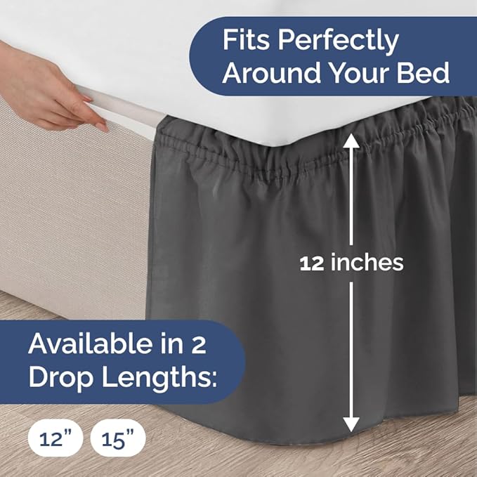 Wrap Around Dust Ruffle Bed Skirt - Charcoal - Twin/Twin XL Size Beds w/ 12 Inch Drop - Easy Fit Elastic Strap - Adjustable Pleated Bedskirt w/Brushed Fabric - Wrinkle Free - Women, Men, Kids & Teens