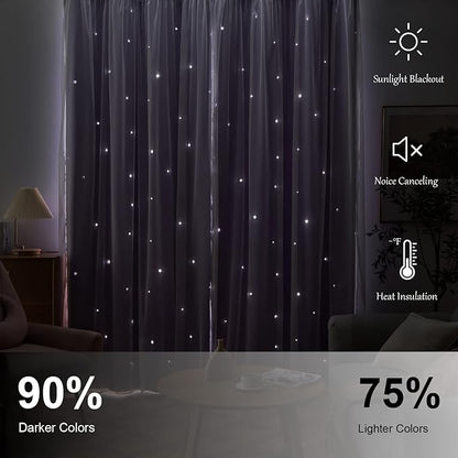 Stars Curtains Double Layer Curtains Blackout Curtains for Bedroom Kids Curtains Cute Curtains Kids Blackout Curtains, Curtains 108 Inches Long 2 Panels Set, Purple Curtains, 52 X 108 Inches