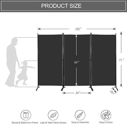 MAYOLIAH Partition Room Dividers 3 Panel Folding Privacy Screens 6 Ft Tall Portable Office Walls Dividers for Room Separator 102"x20"x71", Black