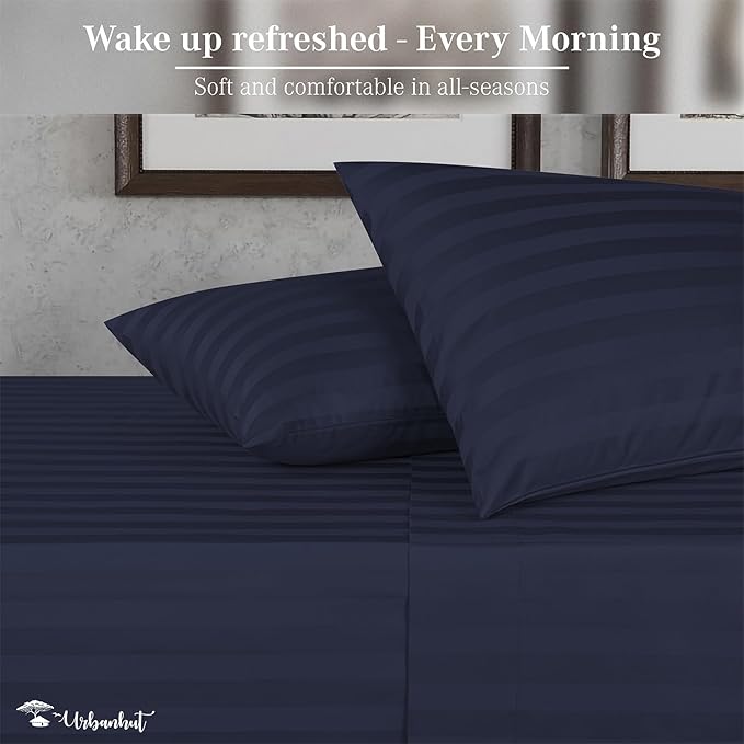 URBANHUT 800 Thread Count 100% Cotton Damask Full Size Sheets, 4 Piece Striped Full Size Bedsheets, Luxury Hotel Sheets Sateen Weave - Better Than Egyptian, 16" Elasticized Deep Pocket- Navy Blue
