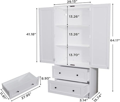 64.2" Tall White Kitchen Pantry, Storage Cabinet with Doors and Drawers, Freestanding Wooden Organizer for Kitchen, Dining Room