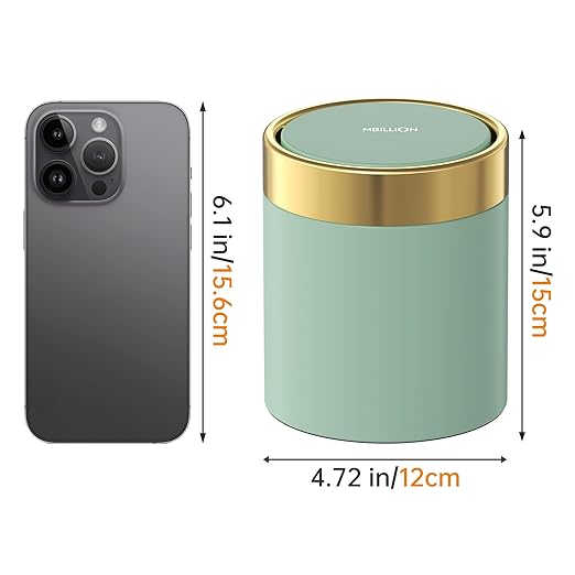 Mini Trash Can with Lid, Desktop Small Trash Can Recycling Bin Cute Metal Garbage Can for Tabletop Countertop Use,Stainless Steel 0.4Gal/1.5L Waste Bin for Office Parlor Car Bedroom,Light Green
