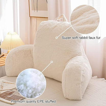 Holawakaka Large Faux Fur Bed Rest Pillow with Arms, Rabbit Fur Reading Pillows Perfect for Adults Men Women, Arm, Back, Pregnancy Lumbar & Head Neck Coccyx Lower Back Support Cushion (Ivory)